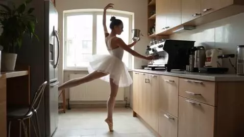 AI Video from prompt: Сцена: Балерина в пачке (tutu) стоит на кухне у 