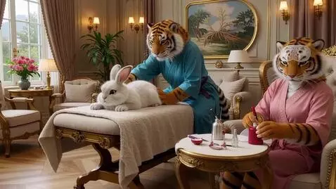 AI Video from prompt: Два милых пушистых зайца на задних лапах В спа. 