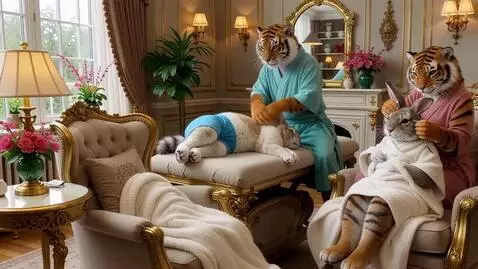 AI Video from prompt: В спа центре. Большой пушистый заяц в синих шорт