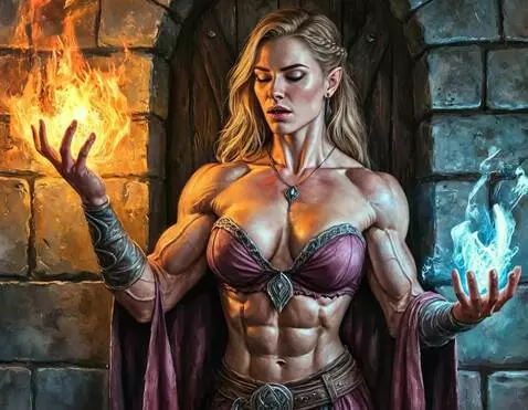AI Video from prompt: Bodybuilder mage holds fire and ice, breathing a