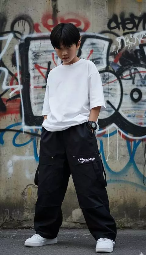 AI Video from prompt: Seorang anak laki-laki bergaya streetwear berdir