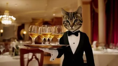 AI Video from prompt: A humanoid dark-striped cat in a classic black-a