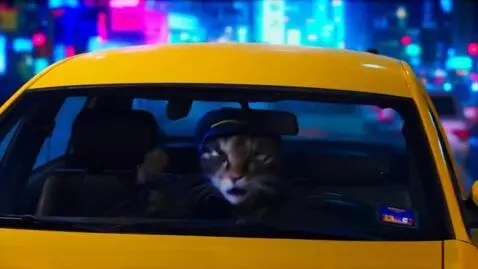 AI Video from prompt: A humanoid dark-striped cat in a taxi driver’s c