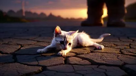 AI Video from prompt: Soft close-up on the Kitten lying on cracked pav