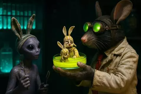 AI Video from prompt: The rat hands the petrie dish to the alien. the 
