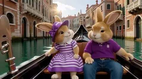 AI Video from prompt: Два милых пушистых зайца на задних лапах плывут 