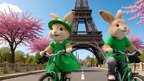 AI Video from prompt: Два милых пушистых зайца на задних лапах едут на