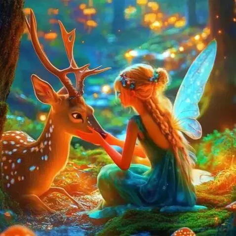 AI Video from prompt: Spiridușul mangâie căprioară,prin fundal zboare 