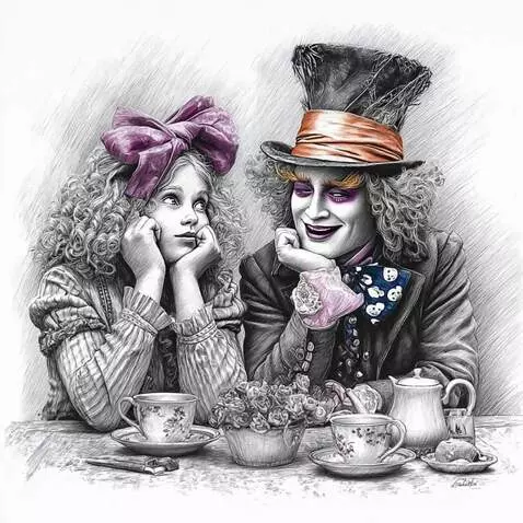 AI Video from prompt: Alice and the Mad Hatter gossip amicably during 