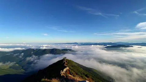 AI Video from prompt: Sedang di puncak gunung di atas awan pagi hari p
