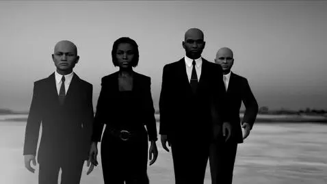 AI Video from prompt: Black-and-white cinematic animation of four Ghan