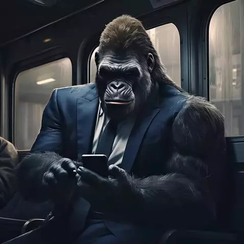 AI Video from prompt: this ape checks his smartphone on the bus and no