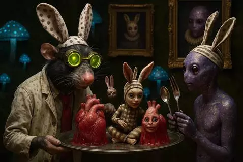 AI Video from prompt: rabbit doll takes fork from alien and eats jello