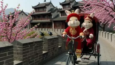 AI Video from prompt: Два милых пушистых зайца едут на велорикше по Ки