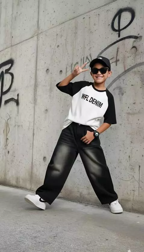 AI Video from prompt: Anak tersebut tersenyum mempromosikan celana den