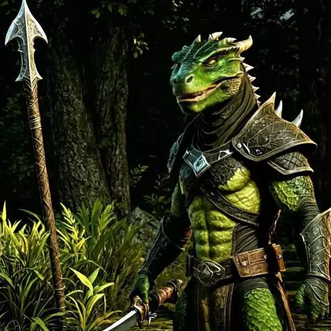 AI Video from prompt: Argonian lizard Warrior walks up and stops looks