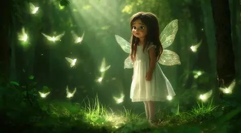 AI Video from prompt: A little girl in forest  surrounded  by little f
