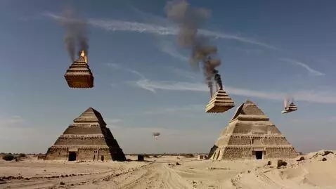 AI Video from prompt: The pyramids in Egypt fly a short distance witho