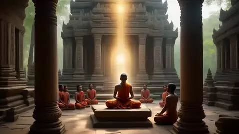 AI Video from prompt: An ancient stone temple courtyard with a wise mo