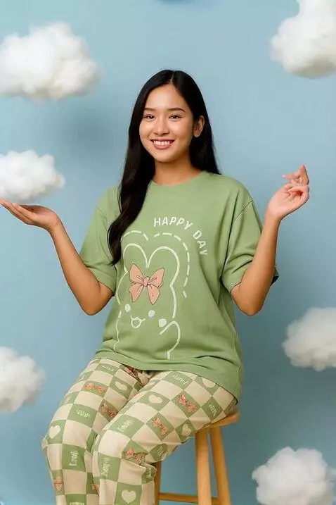 AI Video from prompt: The model sits on a high chair in a photo studio