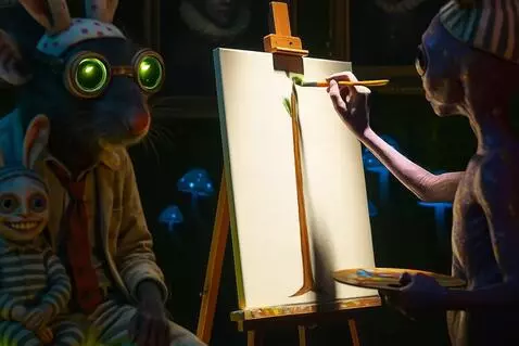 AI Video from prompt: The purple alien paints a pine tree on the white