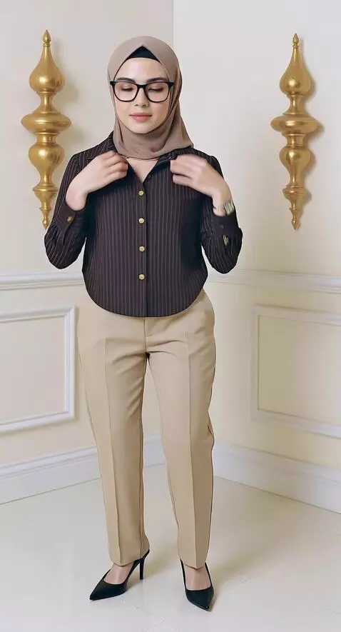 AI Video from prompt: Model berhijab cokelat muda memakai blouse garis