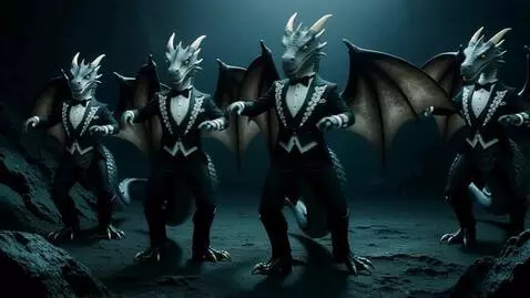 AI Video from prompt: dancing dapper dressed dragons dripping diamonds