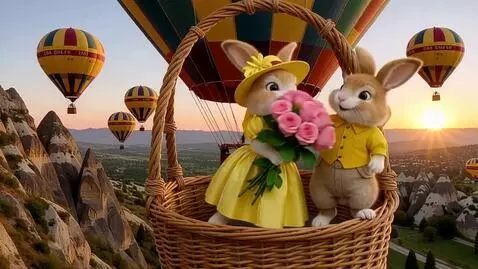 AI Video from prompt: Два милых пушистых зайца на задних лапах в Каппа