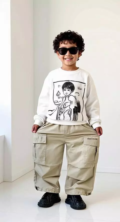 AI Video from prompt: Anak tersebut tersenyum ramah memprmosikan celan