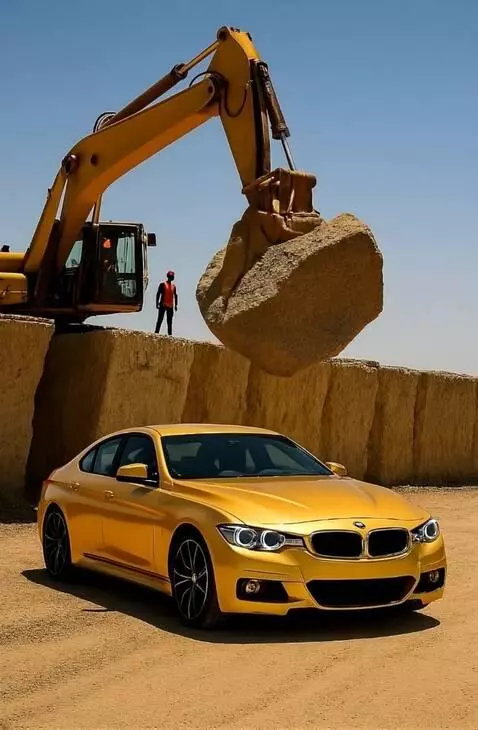 AI Video from prompt: La excavadora suelta la roca y la roca cae sobre