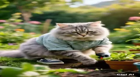 AI Video from prompt: seekor kucing sedang merawat tanaman di kebun de