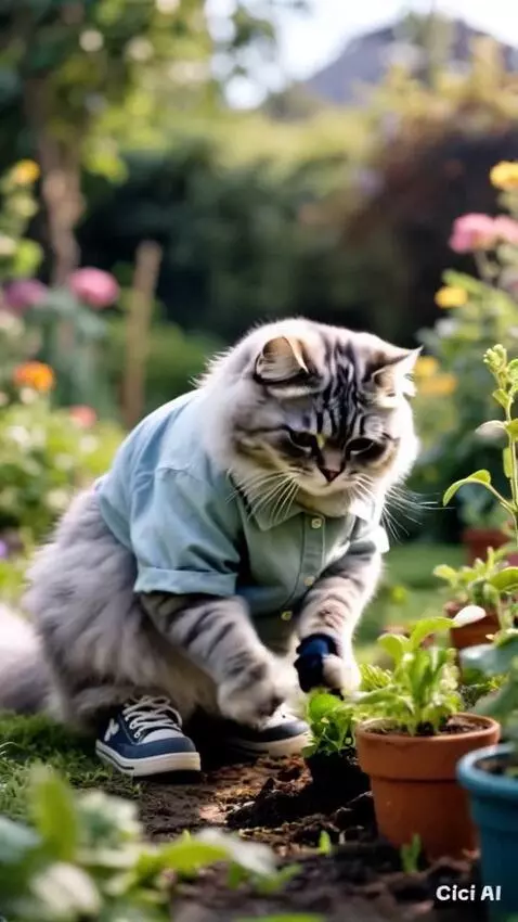 AI Video from prompt: seekor kucing sedang merawat tanaman gaya realis