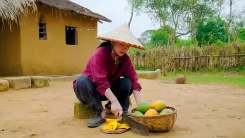 AI Video from prompt: A 3D animated rural farmer sitting in his courty