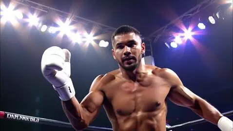 AI Video from prompt: A boxer in white gloves charges, his shadow warp