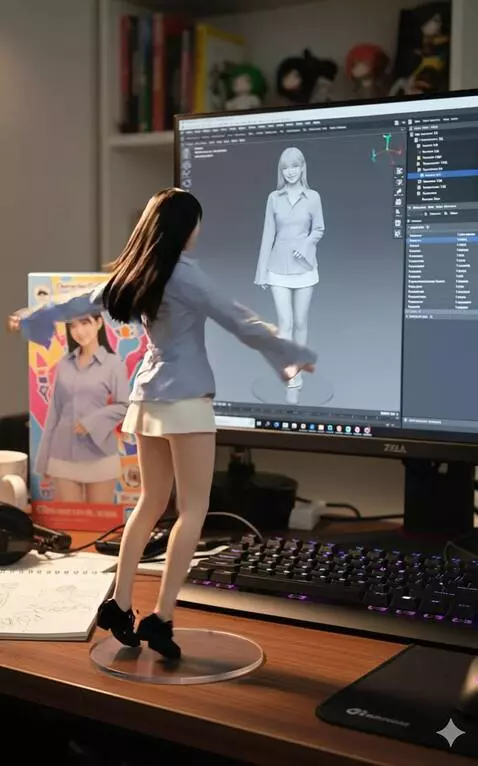 AI Video from prompt: The figure in the frame spins and dances, waving