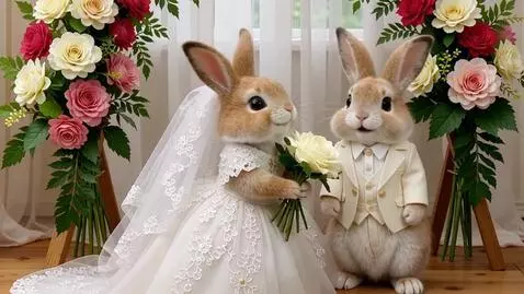 AI Video from prompt: Два милых пушистых зайца на задних лапах стоят н