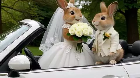 AI Video from prompt: Два милых пушистых зайца на задних лапах в белом