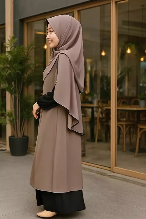 AI Video from prompt: Model berdiri menghadap kamera dengan senyum man