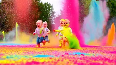 AI Video from prompt: Three babies running towards the camera  through