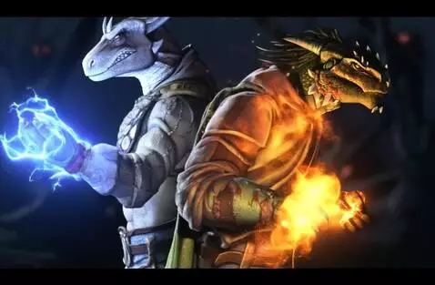 AI Video from prompt: Two Argonian lizard Warrior back to back looking