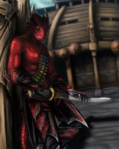 AI Video from prompt: Argonian lizard Warrior stands at the gate looki