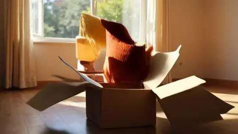 AI Video from prompt: A cardboard box stands in the center of a cozy r