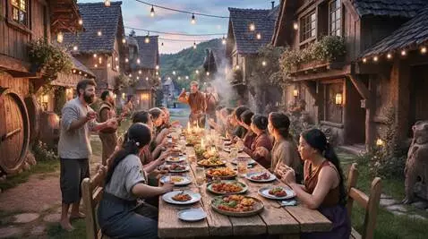 AI Video from prompt: Night hill-village festival: joy and laughter at