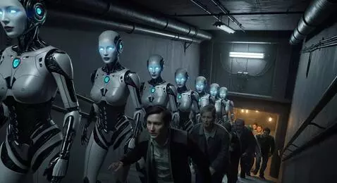 AI Video from prompt: Биороботы девушки сходят с конвейера. Атмосфера 