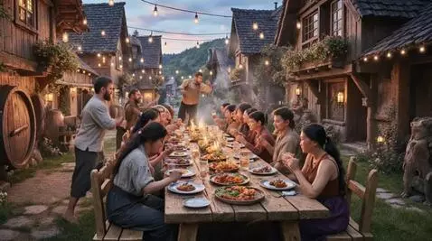 AI Video from prompt: Night hill-village festival: joy at a long feast