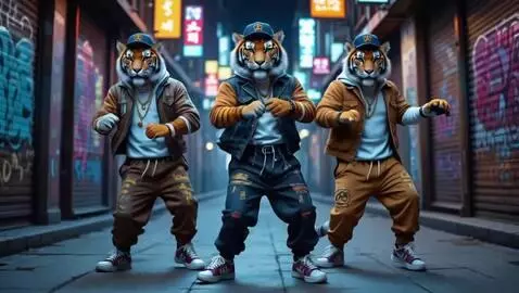 AI Video from prompt: Three beautiful tigers dancing hip-hop in hip-ho