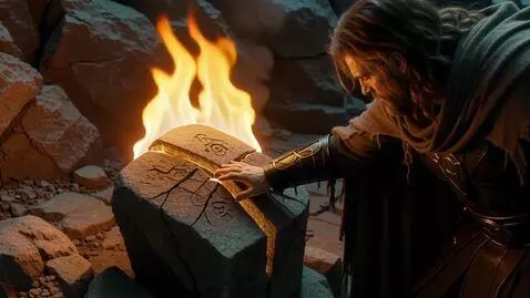 AI Video from prompt: A warrior in a tattered cloak touches a runeston