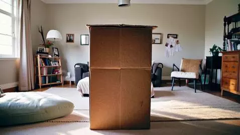 AI Video from prompt: A cardboard box stands in the center of a cozy r