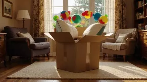 AI Video from prompt: A cardboard box stands in the center of a cozy r