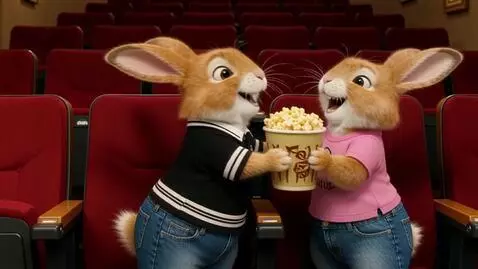 AI Video from prompt: Два милых пушистых зайца на задних лапах в кинот